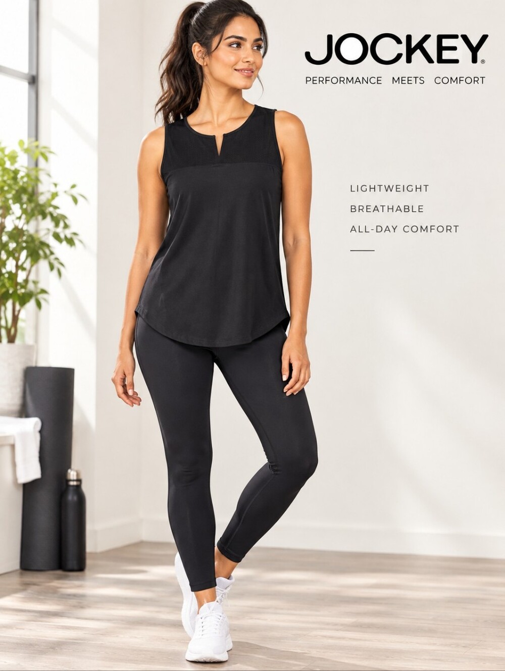 JOCKEY Sleeveless Raw Edge Tank Exercise Top Scooped Hemline Black Sz M